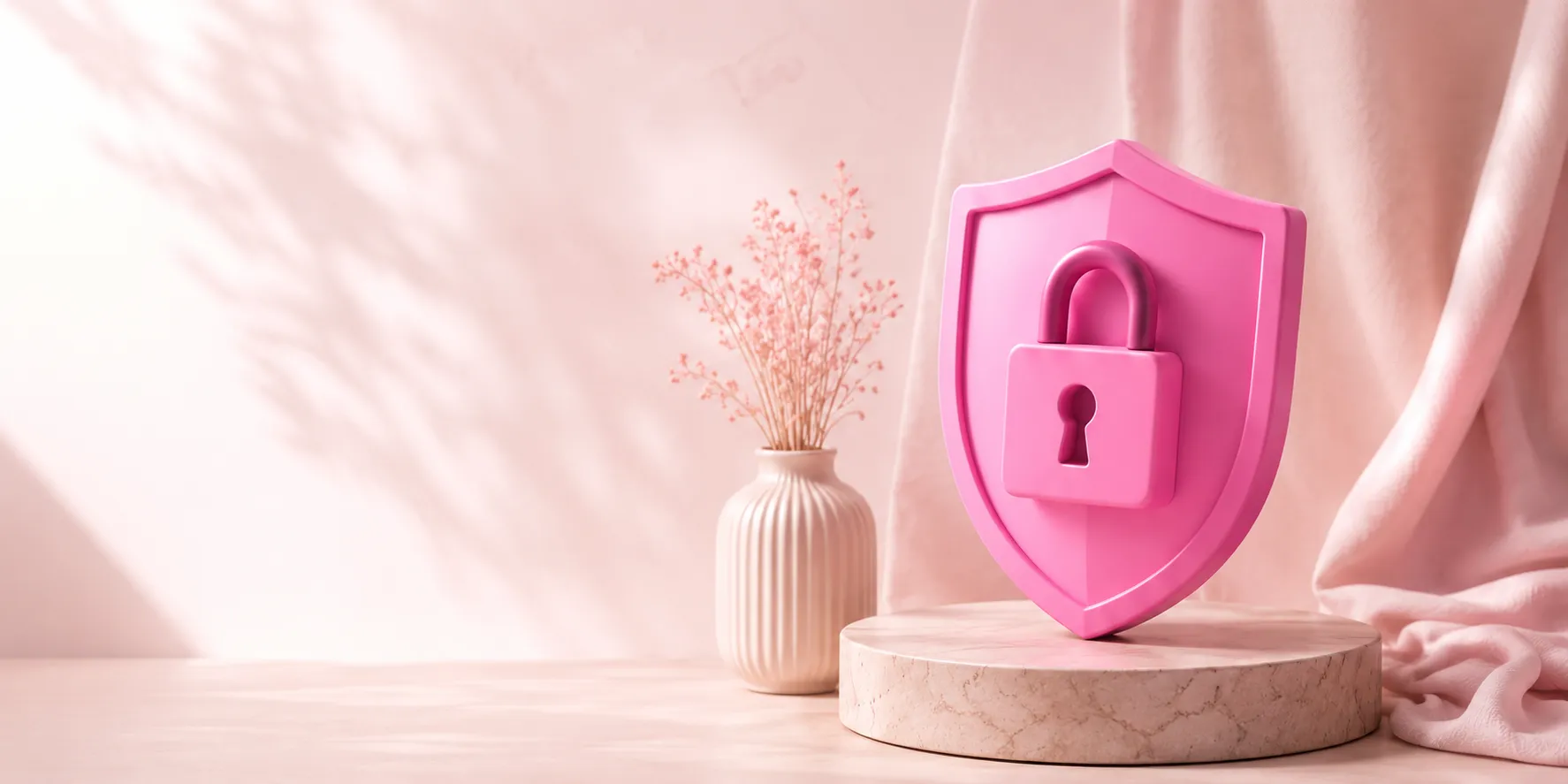 A pink shield and padlock on a marble stand, symbolizing the security around every order