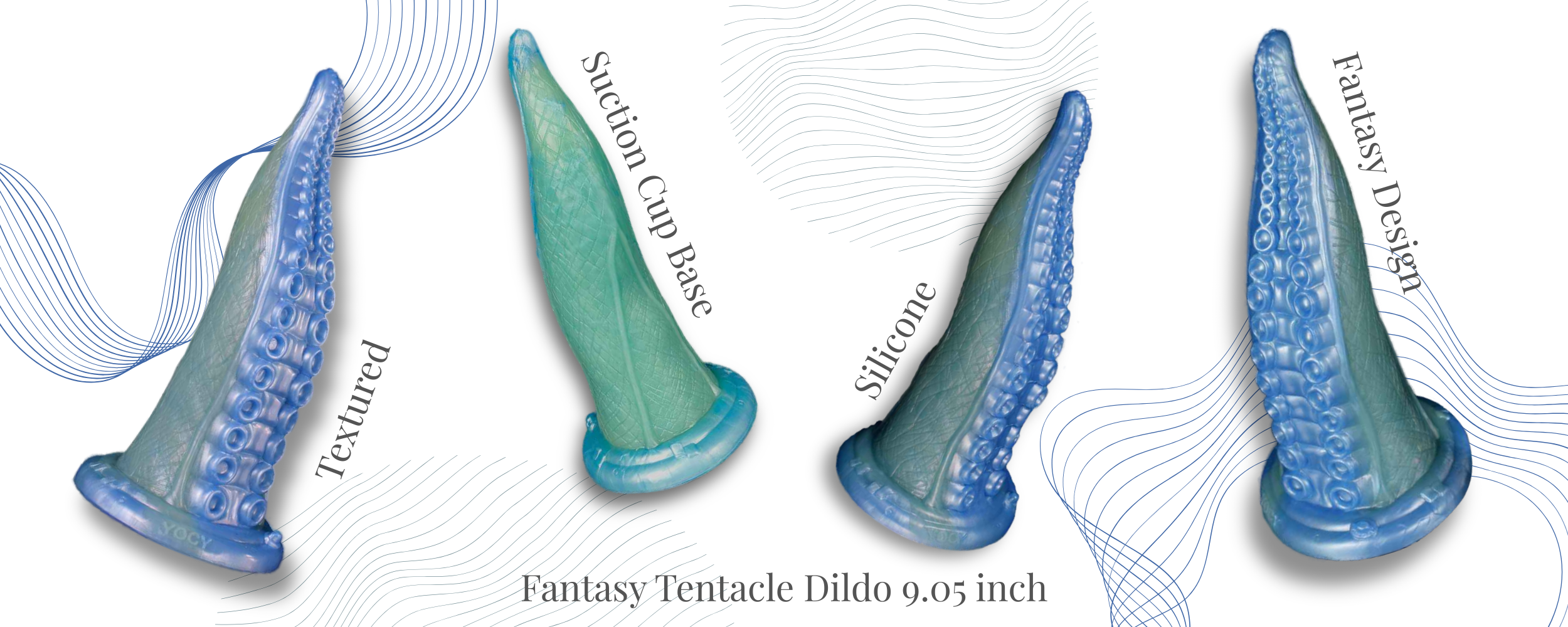 Four blue and green silicone tentacle dildos from silicone seduction on a light blue background
