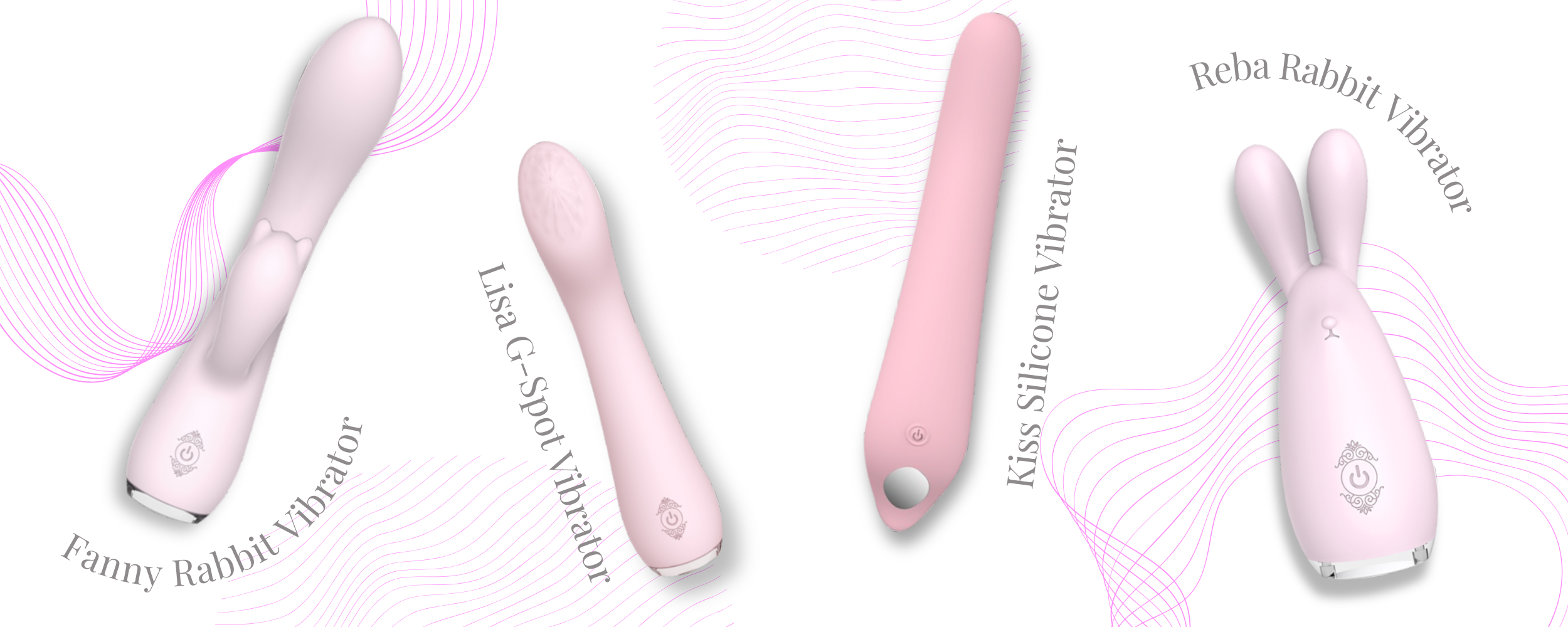 Four pink silicone rabbit vibrators from silicone seduction on a light pink background